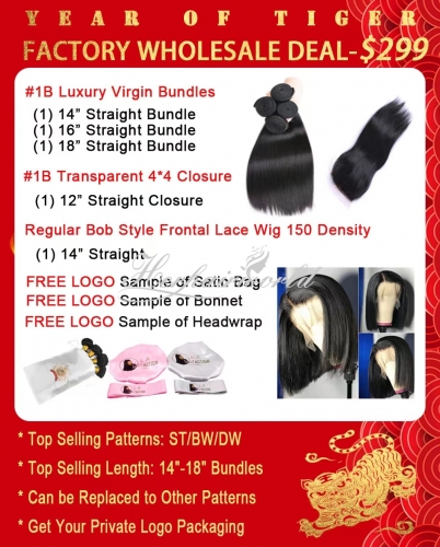 HerHairWorld Factory Wholesale Package Deal for Luxury Virgin Bundles & Transparent Closure & Regular Bob Style Wig